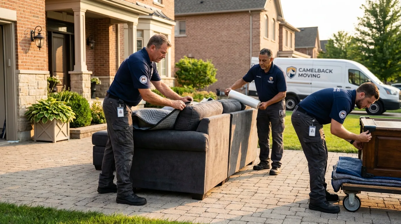 Large estate moving crew wrapping furniture in Stockton, MO