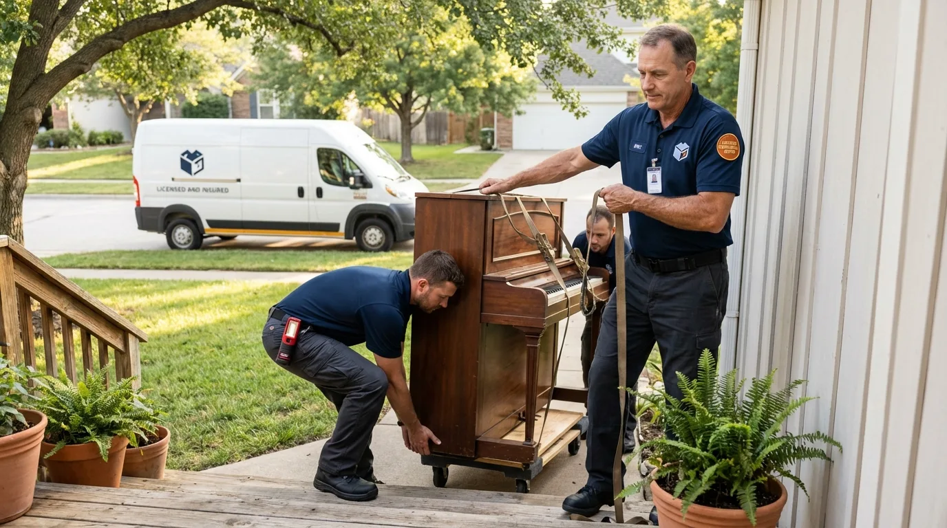 Licensed piano movers securing grand piano in Stockton, MO