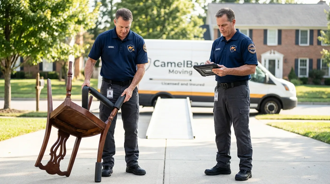Movers inspecting furniture for damage prevention before loading in Stockton, MO