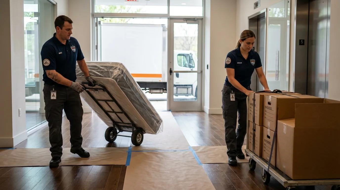 Professional apartment movers loading elevator in Stockton, MO